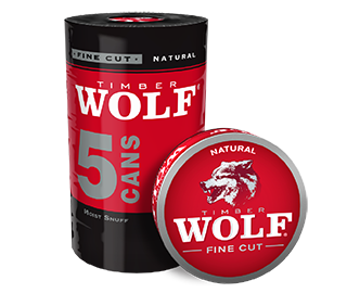 A roll of 5 cans of Timber Wolf Fine Cut Natural moist snuff.