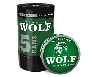 A roll of 5 cans of Timber Wolf Long Cut Wintergreen moist snuff.