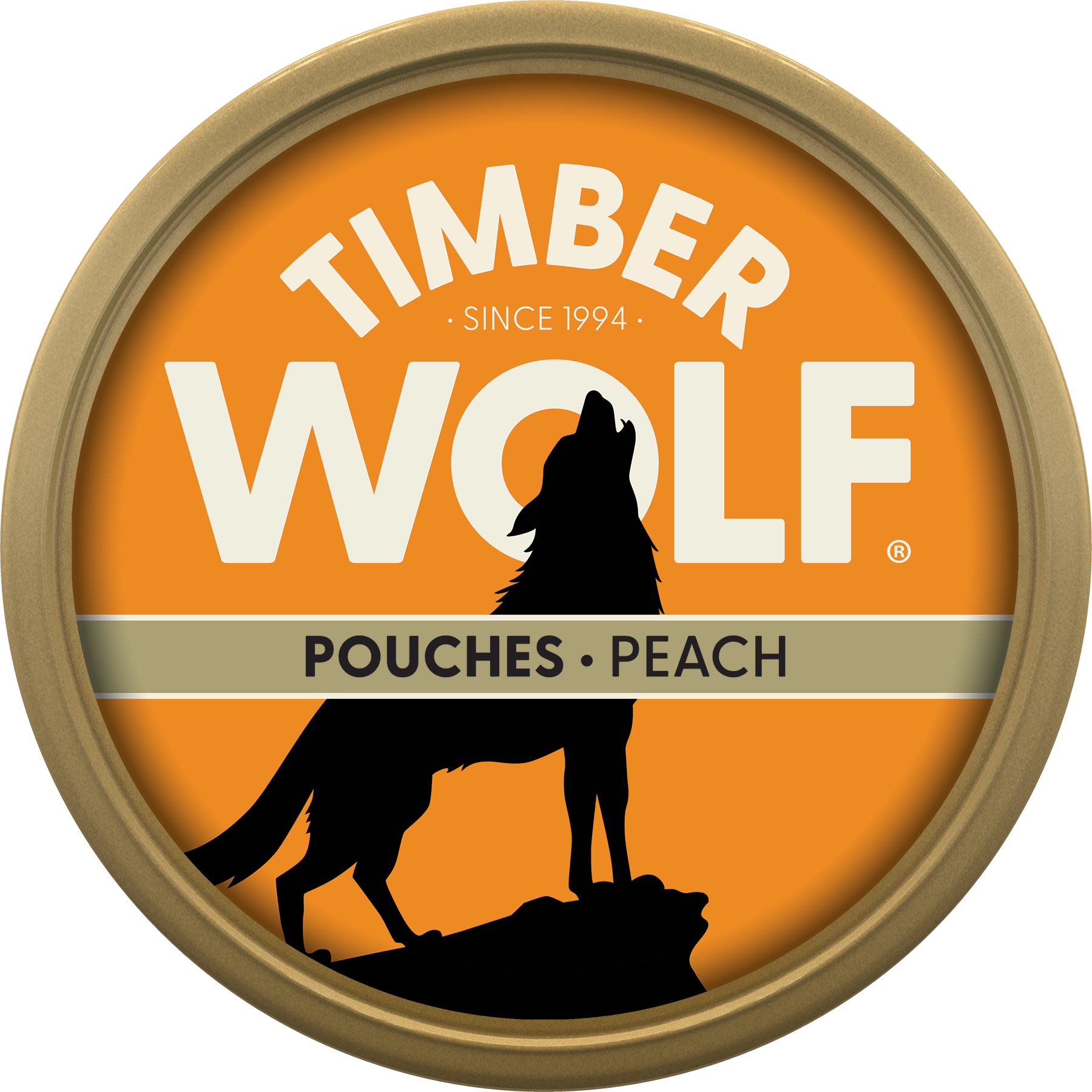 Can of Timber Wolf Moist Snuff pouches in peach flavor