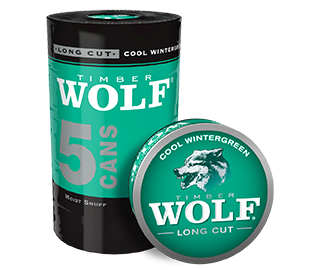 A roll of 5 cans of Timber Wolf Long Cut Cool Wintergreen moist snuff.