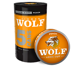 A roll of 5 cans of Timber Wolf Long Cut Peach moist snuff.