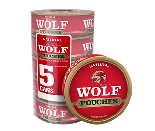 A roll of 5 cans of Timber Wolf Natural moist snuff pouches.