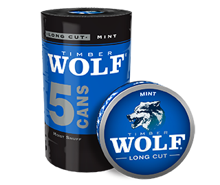 A roll of 5 cans of Timber Wolf Long Cut Mint moist snuff.