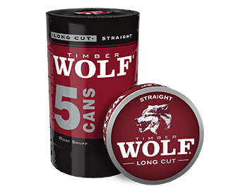 A roll of 5 cans of Timber Wolf Long Cut Straight moist snuff.
