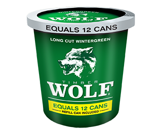 A tub of Timber Wolf Wintergreen moist snuff.