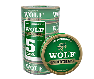 A roll of 5 cans of Timber Wolf Wintergreen moist snuff pouches.