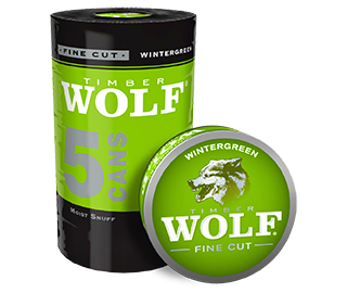 A roll of 5 cans of Timber Wolf Fine Cut Wintergreen moist snuff.
